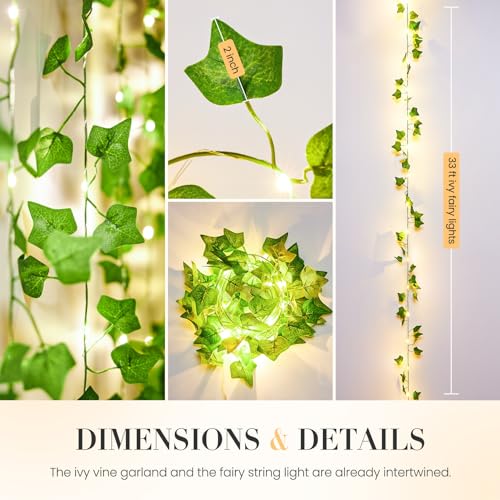 KASZOO 33ft 100 LED Vine with Fairy Lights with Remote, Fake Vines String Lights Battery/USB Operated, Ivy Garland, Leaf Lights for Bedroom Garden Party Wall Room Decor