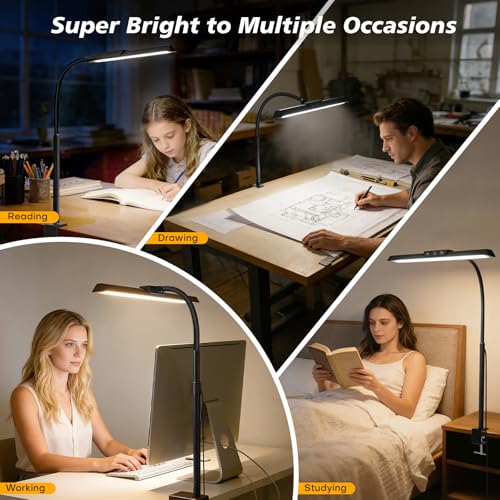 LED Desk Lamp for Office Home, Stepless Dimming Architect Desk Light with DC Adapter, Eye-Caring Desk Lamp with Clamp, 25 Lighting Modes Adjustable 12.8in Flexible Gooseneck for Workbench(Black)