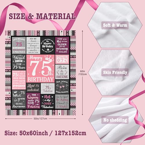 Ivivis 75th Birthday Gifts for Women Throw Blanket 60”x50”, Happy 75th Birthday Decorations for Women, 1951 Bday Gift for 75 Year Old Woman Mom Grandma Friend