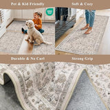 3x8 Hallway Runner Rug Washable Non-Slip – Boho Floral Soft Wide Carpet Runner for Kitchen Entryway Bathroom Bedroom – Low-Pile Thin Floor Mat with Rubber Backing (Beige,3x8)
