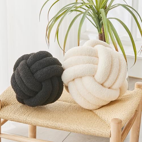 LUSJNGE Decorative Throw Knot Pillow Ball for Home Chair Sofa Couch Bed Aesthetic Round Decor Pillows Lambswool Knotted Pillow Cushion (Beige, 13 inches)
