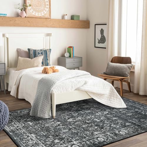 Lahome Margot Vintage 5x7 Area Rugs - Washable Non-Slip Boho Living Room Rugs for Under Table, Black Low Profile Soft Faux Wool for Bedroom, Dinning Room, Nursery, Playroom