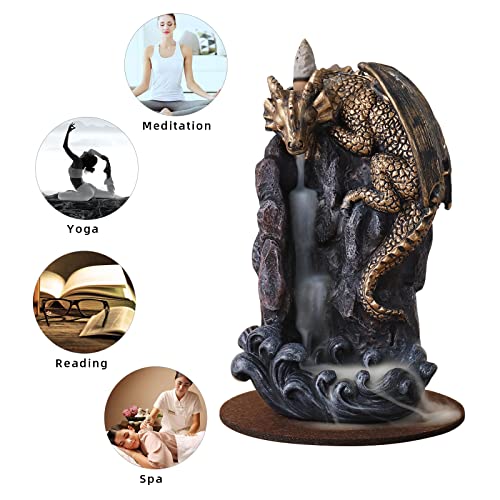 Dragon Backflow Incense Holder Waterfall Incense Burner, with 100 Backflow Incense Cones,1 Mat,1 Tweezers，Aromatherapy Ornamental for Home Office Yoga （Golden Dragon）