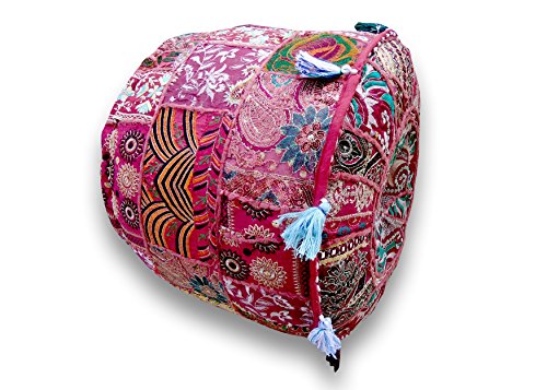 Sophia-Art Indian Embroidered Patchwork Cover Indian Decorative Pouf Indian Comfortable Floor Cotton Cushion Ottoman Pouf,Indian Designs Ethnic Patchwork Pouf (Dark Pink, 18"x13")