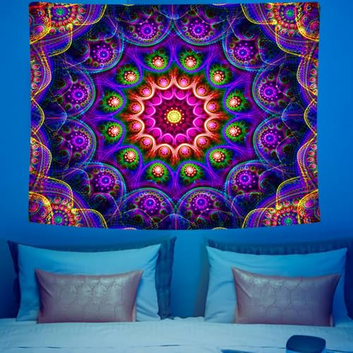 PSYHILAR Blacklight Trippy Mandala Tapestry, Boho Black Light Posters for Adults UV Reactive Room Decor for Bedroom Wall (60 x 50 Inches)