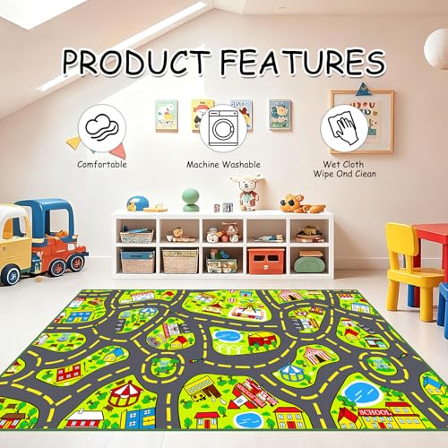 Car Rug Play Mat 2.5x4 Feet, Car Road Rug for Kids City Road Map Carpet Educational Learning Playing Carpet Kids Play Rugs for Playroom Classroom Bedroom