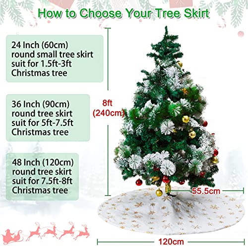 Christmas Tree Skirt 48 Inch Gold Snowflakes White Faux Fur Tree Skirts Fluffy Plush Tree Mat for Artificial Tree Decorations Indoor