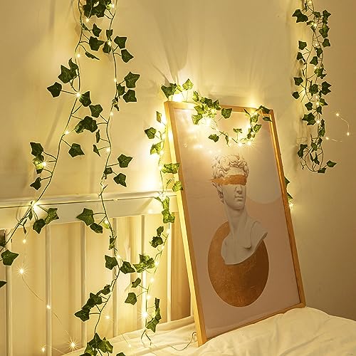 2 Pack 6.56 Ft Green Ivy Leaves Fairy String Lights Battery Operated, 40 LEDs Battery Powered Artificial Garland Plant Vine Fairy Light for Bedroom Wedding Party Holiday Patio Decor（Warm White）