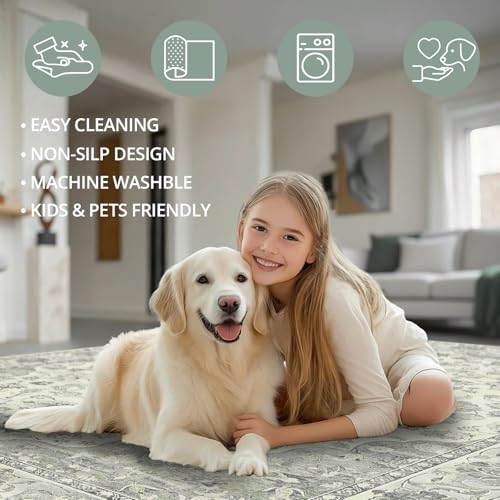 3x8 Non-Slip Washable Kitchen Vintage Runner Rug, Sage Green