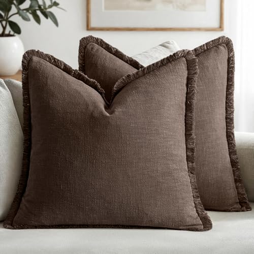 MIULEE Linen Fringe Decorative Fall Euro Pillow Covers Reddish Brown 24x24
