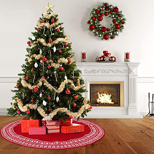 Dremisland Christmas Tree Skirt Luxury Cable Knitted Thick Rustic Xmas Tree Decoration Red Tree Skirt with Snowflake Xmas Tree Farmhouse Christmas Decor Holiday Home Party Decor (36inch/90cm, Red)
