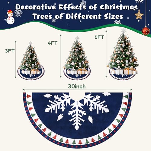 MACTING Christmas Tree Skirt, 30 Inch Round Blue Polyester Christmas Tree Skirts with Big Snowflake and Christmas Tree Printed for Holiday Party Rustic Xmas Tree Decoration