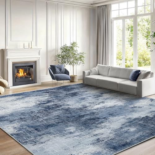 AMADA HOMEFURNISHING 8x10 Area Rugs for Living Room, Modern Washable Rug with Non-Slip Backing & Low Pile, Large Rug with Abstract Print Pattern for Bedroom, Dinning Room,Home Office, Dark Blue