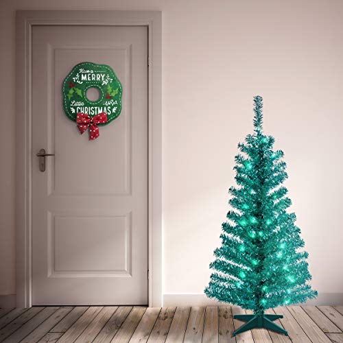 National Tree Company 4 ft Pre-Lit Turquoise Tinsel Mini Artificial Christmas Tree, 70 Clear Lights, 110 Tips, Includes Stand