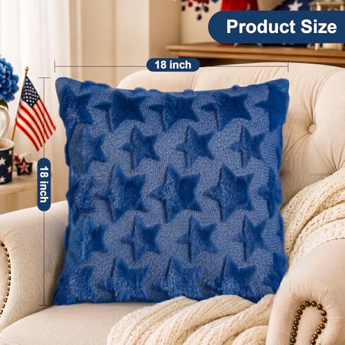 OLANRUN 4th of July Decorations, 4th of July Pillow Covers 18x18 Inch Set of 2, Blue Stars Patriotic Independence Day Decorations Soft Plush Faux Fur Jacquard Throw Pillows for Indoor Home Sofa