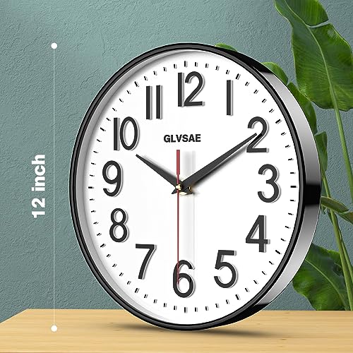 GLVSAE Wall Clock 12 Inches Non-Ticking Wall Clocks Battery Operated Large Easy to Read with Stereoscopic Dial Ultra-Quiet Movement Quartz for Office Classroom School Home Bedroom Kitchen