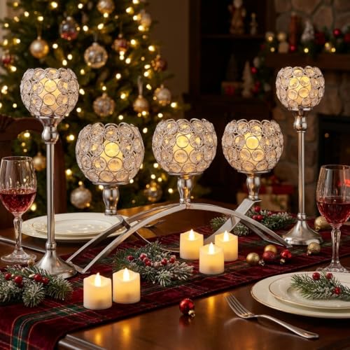 Silver Crystal Candle Holders, Decorative Arch Candelabra Centerpieces for Tables, 3-Arm Candlesticks Holder and 2 Glass Holders, Silver Table Decor for Wedding, Party, Anniversary