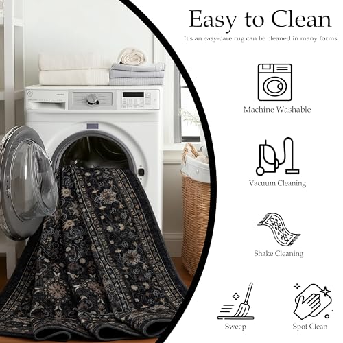 Ruaruarug Washable Area Rug 8x10 for Living Room, Bedroom, Ultra Soft Non Slip Stain & Fade Resistant, Pet & Kids Friendly, Suitable for High Traffic Areas Easy to Clean for Office Kitchen, Black Grey