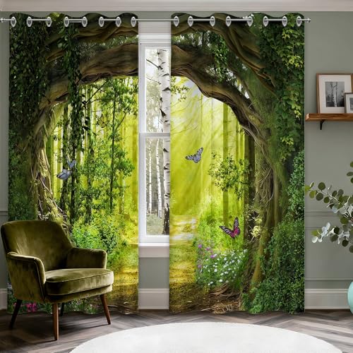 Enchanted Forest Blackout Curtains, 84 X 52 Inch, 2 Panels | Green Spring Tree Butterfly Scenic Nature, Woodland, Grommet Window Drapes, For Bedroom Living Room