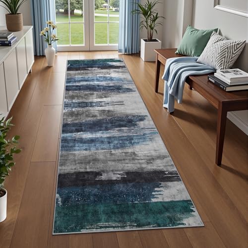 Modern Abstract 2x5 Runner Rug, Washable Non-Slip Hallway Rug Navy