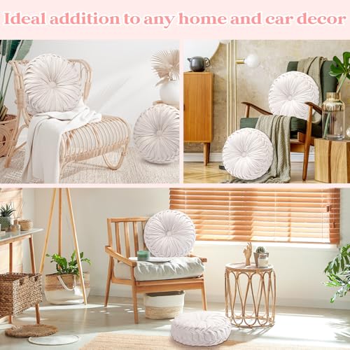 Beeveer 2 Pcs Round Throw Pillows 15 Inch Decorative Velvet Pleated Pumpkin Pillows Boho Floor Pillow with Center Button for Living Room Couch Chair Bed Sofa Home Decoration (Ivory)