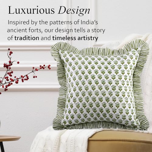 CPC Block Print Ruffle Throw Cover Emerald Green 20"x20" Inch Pack of 2-100% Cotton Ruffle Couch Decorative Boho Pillows Case for Living Room, Bedroom, Sofa, Farmhouse Gift for Spring, Mother's Day
