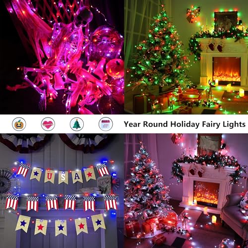BrizLabs July 4th Fairy Lights, 66ft 200 LED Color Changing Fairy Lights with Remote, Plugin Red White Blue Twinkle Light RGB Rainbow Starry Xmas Light Music Sync for Xmas Halloween Home Party Wedding