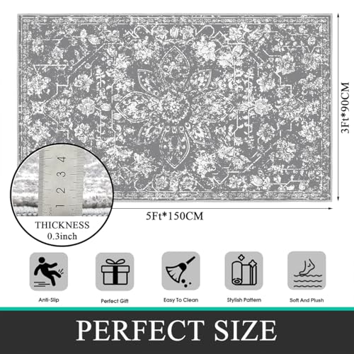 Pauwer Vintage Area Rug 3x5, Non Slip Distressed Entry Throw Rug, Grey