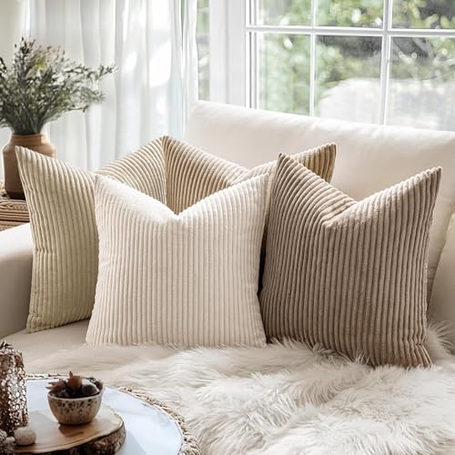 MIULEE Decorative Corduroy Pillow Covers Soft Solid Pack of 2 Cushion Cases Boho Square Throw Pillow Covers Cream White Boho Pillowcases for Couch Chair Sofa Bed Living Room Home Decor 18 x 18 Inch
