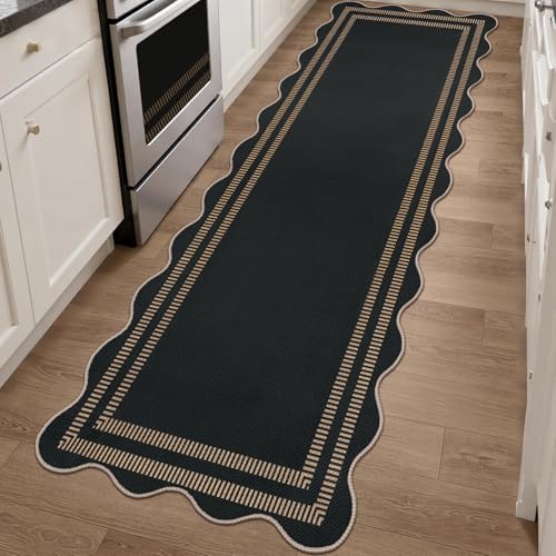 Scalloped 2.6x8 Kitchen Runner Rug, Washable Rugs for Entryway Non Slip Outdoor Indoor Black Long Rug, Farmhouse Modern Carpet for Hallway Bedroom
