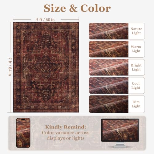 Washable Area Rug 5'x7' Living Room, Vintage Medallion, Dark Red