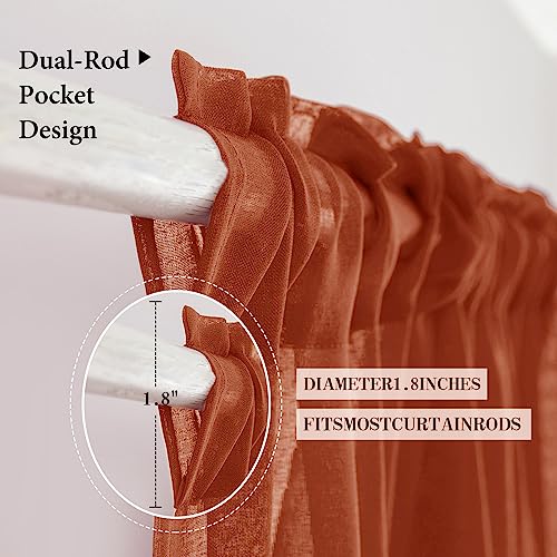 MIULEE Terracotta Linen Textured Sheer Curtains 2 Panels for Bedroom/Living Room Semi Transparent Voile Drapes Rust Boho Orange Rustic Fall Decor Window Panels Rod Pocket, W 54 x L 84 Inches Long