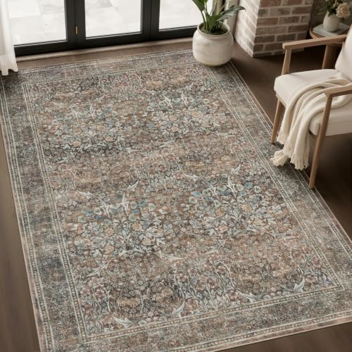 JOLLYVOGUE 3x5 Washable Rug, Vintage Floral Area Rug, Vintage Brown