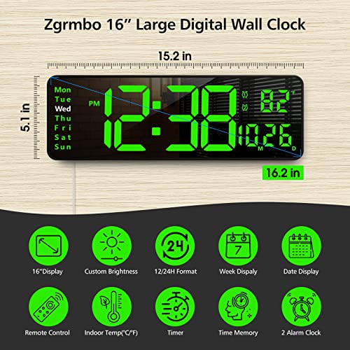 Zgrmbo 16-inch Digital Wall Clock with Remote Control, Large Display Digital Clock with Date, Indoor Temp, Week, 12/24H, Auto Dimming, A Wall Clock Suitable for Living Room, Warehouse, Shop, Gym