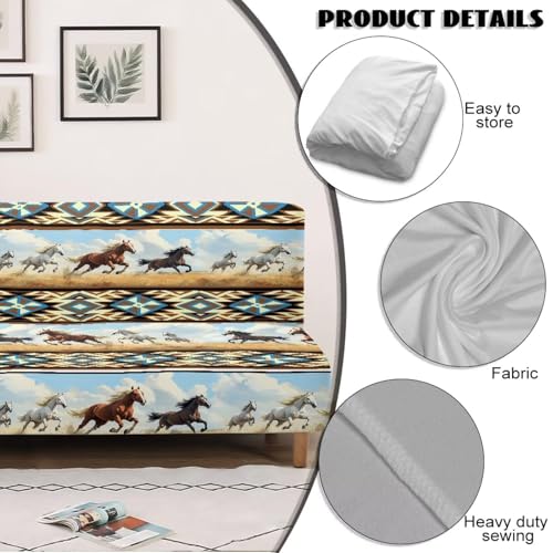Aztec Western Armless Futon Cover Horse Stretch Armless Sofa Slipcover Navajo Southwestern Ethnic Washable Elastic Couch Furniture Protector for Bedroom Living Room