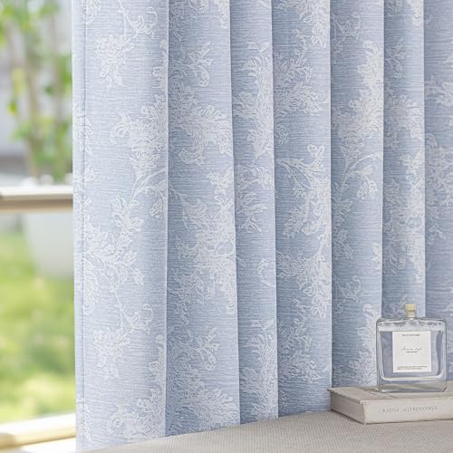 FMFUNCTEX Blue Floral Jacquard Blackout Curtains 84 Inches Long for Bedroom, Scroll Flower Chenille Farmhouse Curtains for Living Room Darkening Thermal Insulated Grommet Window Drapes 2 Panels