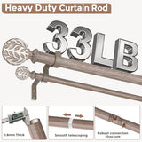 Double Curtain Rod 36-76 Inch, Boho Wood Decorative Dual Curtain Rods for Windows, 1" Adjustable Heavy Duty Double Rod, Unique Handmade Imitation Weathered Wood Grain Leaf Finials Design