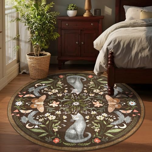 GarveeHome Round Area Rugs 4ft for Bedroom, Cat Brown Washable Circle Rug Soft Non Slip Mushroom Floral Floor Mat Carpet Indoor Thin Rug for Bedroom Dining Room Playroom Nursery Gothic Decor