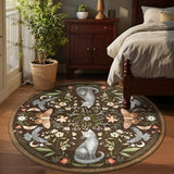 GarveeHome Round Area Rugs 4ft for Bedroom, Cat Brown Washable Circle Rug Soft Non Slip Mushroom Floral Floor Mat Carpet Indoor Thin Rug for Bedroom Dining Room Playroom Nursery Gothic Decor