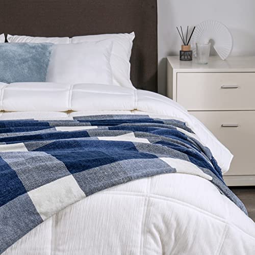 RECYCO Buffalo Plaid Chenille Throw Blanket, 50"x60", Navy Off White