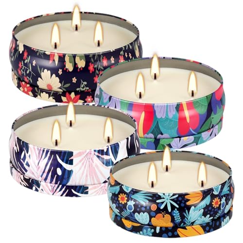 Tropical Printed Citronella Candles, Set of 4 x 13.5 oz Large Scented Candles with Natural Cotton Wicks - Made with Natural Soy Wax, for Home, Patio, Garden, Camping or as a Summer Housewarming Gift