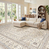 12x18 Washable Area Rug for Living Room - Non-Slip Vintage Rugs Beige Gray