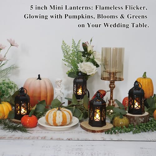 (8Pack-5Inch) Mini Lantern with Flickering LED Candle for Table Centerpiece, Black Halloween Decorations, Small Hanging Decorative Lantern for Wedding Christmas, Fall Garden Party Decor for Home