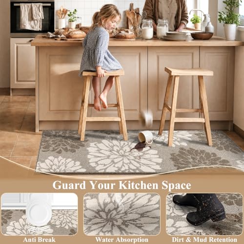 Findosom Kitchen Rugs Sets of 2, Floral Washable Kitchen Runner Rug, Brown
