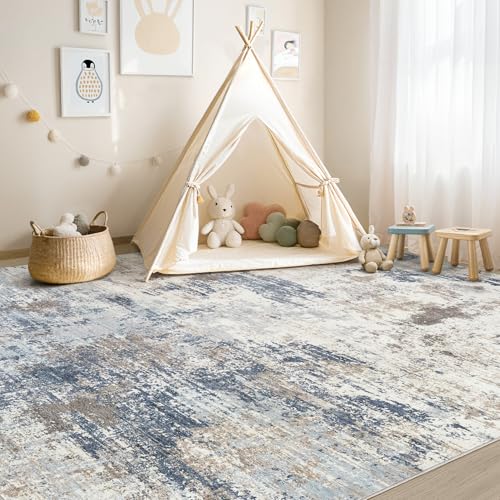 6x9 Area Rug Living Room Rugs - Washable Neutral Modern Abstract Soft Thin Large Rug Indoor Floor No Slip Rug Carpet for Bedroom Under Dining Table Home Office Decor- Denim Blue