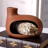 MOUGIGI Terracotta Palo Santo Holder - Modern Chiminea Incense Burner for Yoga, Meditation, and Energy Cleansing - Wood Sticks Dish, Sage Ash Catcher, Smudge Bowl, Cone Burner - Unique Meditation Gift