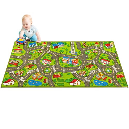 Kids Carpet Playmat City Life 3D Playroom Rug | 30 x 60 Inch Extra Large Toddler Activity Mat for Race Cars & Toys | Playroom Rug Makes a Fun Educational Gift Idea for Boys & Girls (Green)