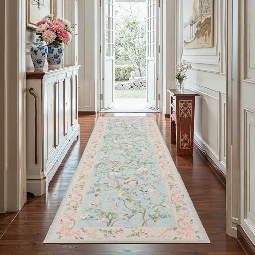 jinchan 3x8 Washable Hallway Runner Rug, Chinoiserie Floral, Blue/Pink