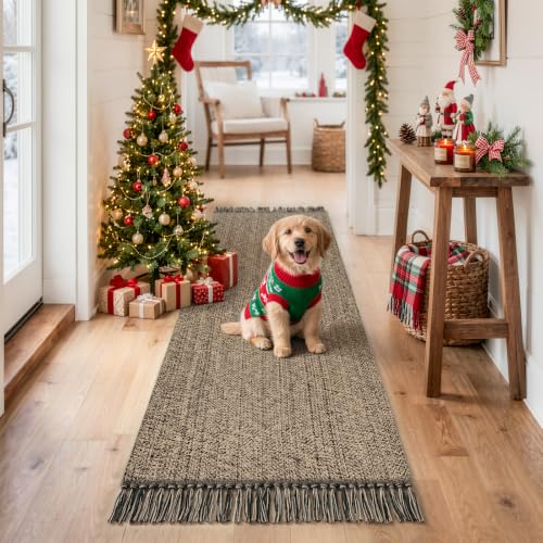 Collive Farmhouse Hallway Runner Rug, 2x6 Hand-Woven Reversible Washable Runners for Kitchen Floor, Natural/Black Cotton Laundry Room Rugs Modern Boho Kitchen Sink Carpet for Bathroom Foyer Bedroom