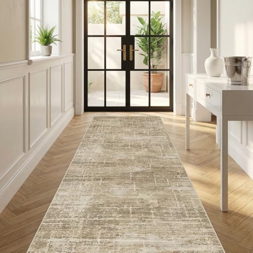3x6 Washable Kitchen Runner Rug: Abstract Soft Neutral Carpet TanBrown